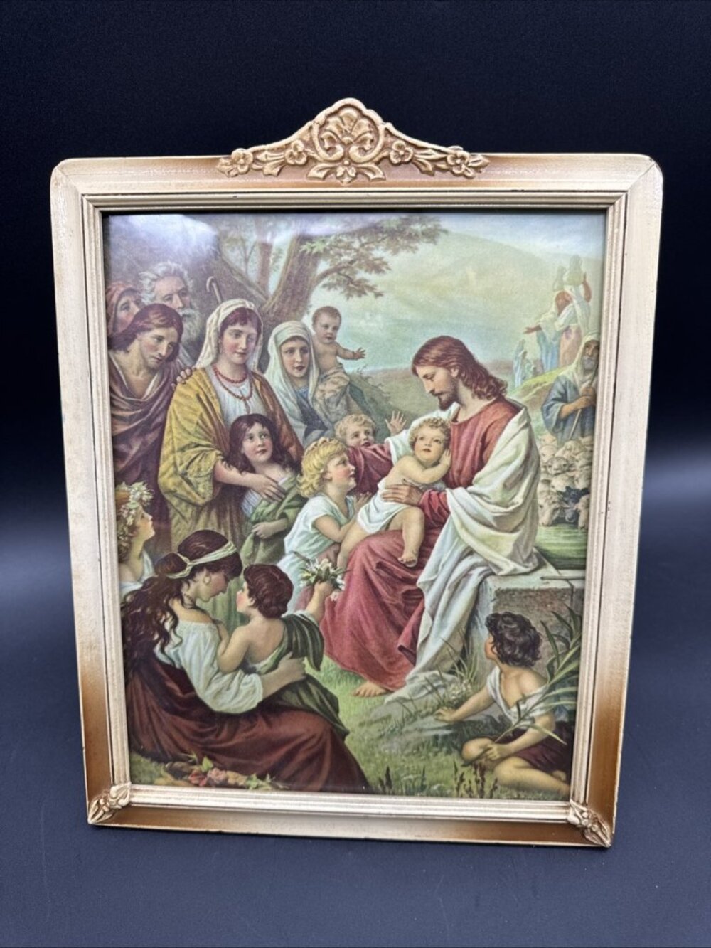 VTG Art Nouveau Style Jesus Blessing The Children Ornate Wood Frame Religious